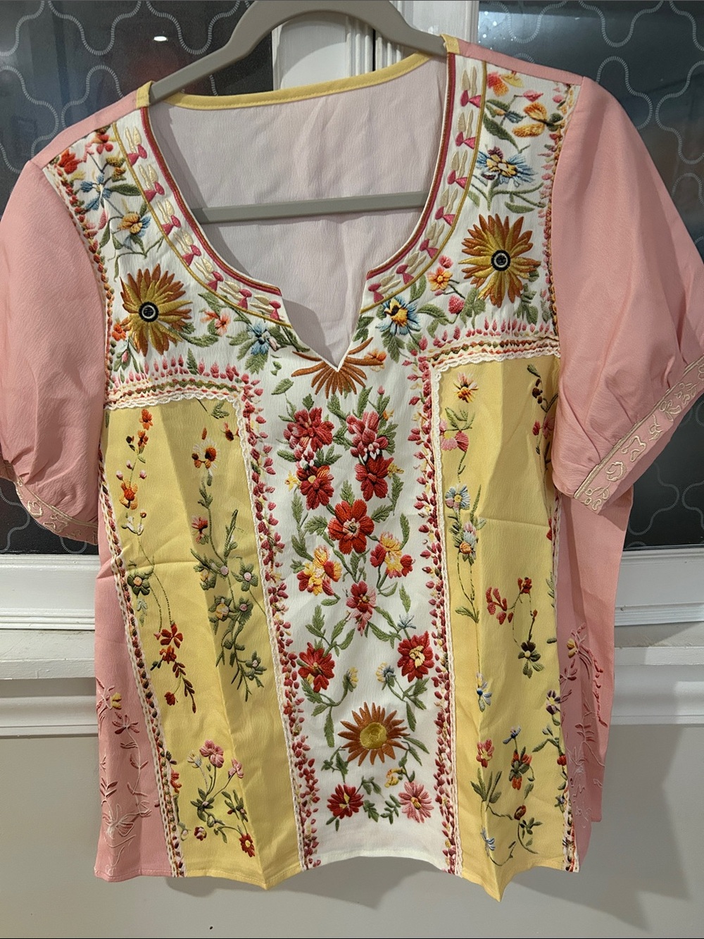 Embroidered Pink and Yellow Floral Women’s Top